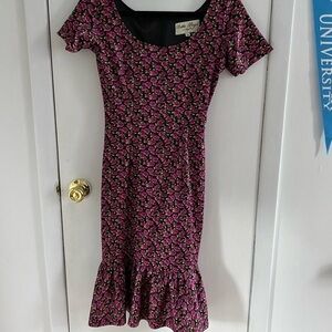 Bettie Page Vintage drop waist dress size small floral print short sleeve ruffle